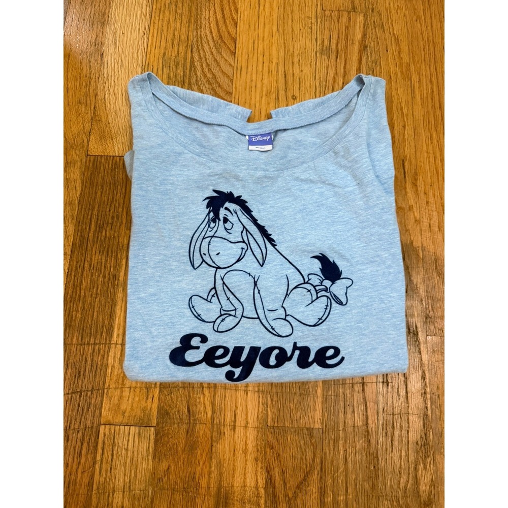 Disney Eeyore Light Blue Blue Graphic Tshirt Womens LCap Sleeve Fuzzy Print